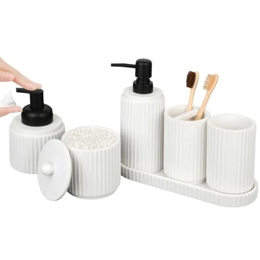 

White Bathroom Accessory Set - 6 Pcs for Countertop Organization: Includes Toothbrush Holder Lotion and Foaming Soap Dispensers