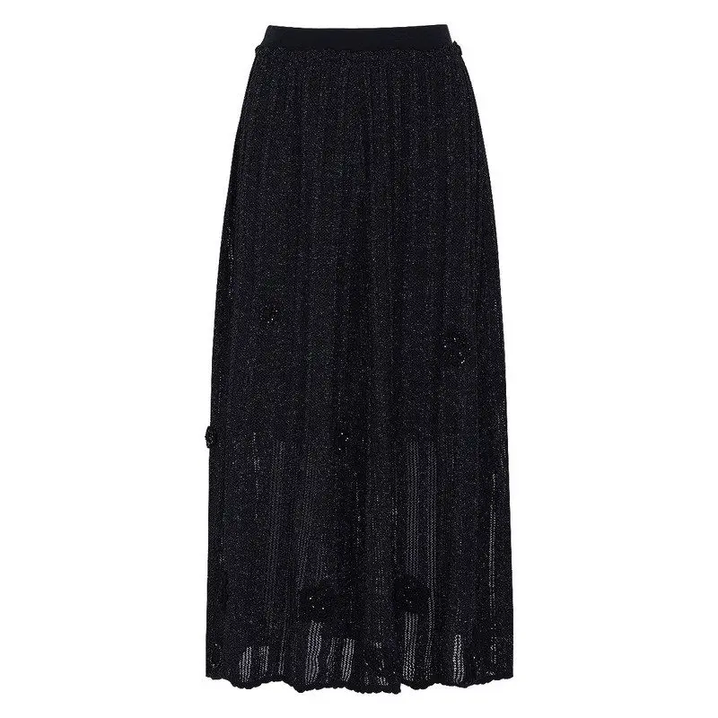 Elegant Knitted Midi Half Skirt with Heavy Embroidery And 3D Flowers for Women South Oil High Quality Summer Autumn New Style
