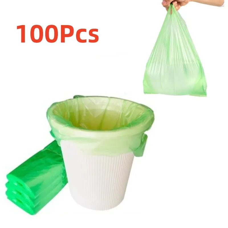 100pcs/pack Green Plastic Bag Supermarket Shopping Vest Bag Grocery Gift Storage Bag Disposable Kitchen Clean Garbage Bag