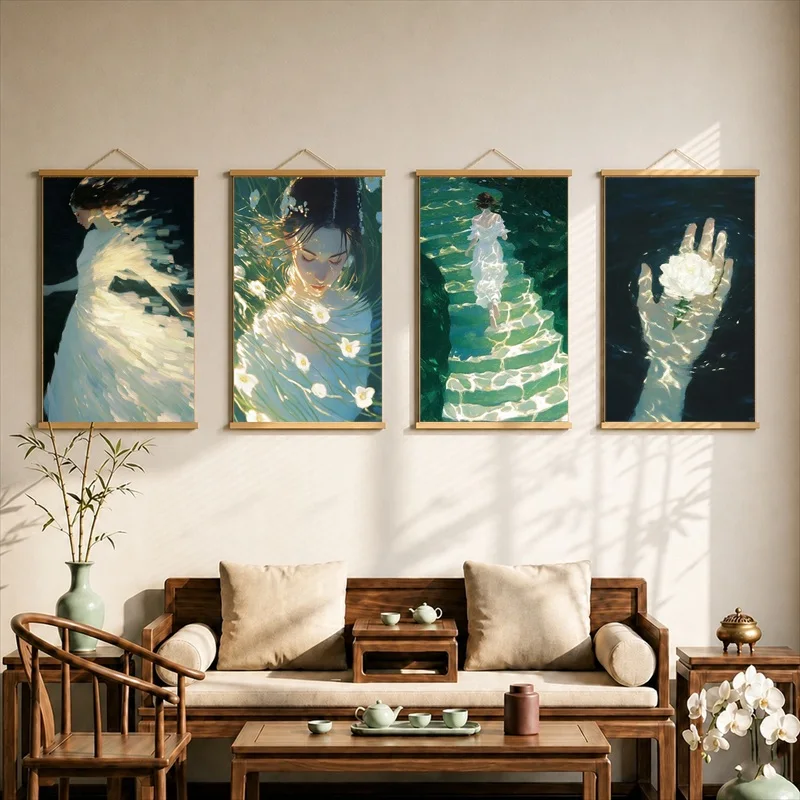 Wall Art Figures Floating through Deep Green Water, Dreamy Surreal Pearlescent Canvas Wall Hanging Scroll for Healing Studio