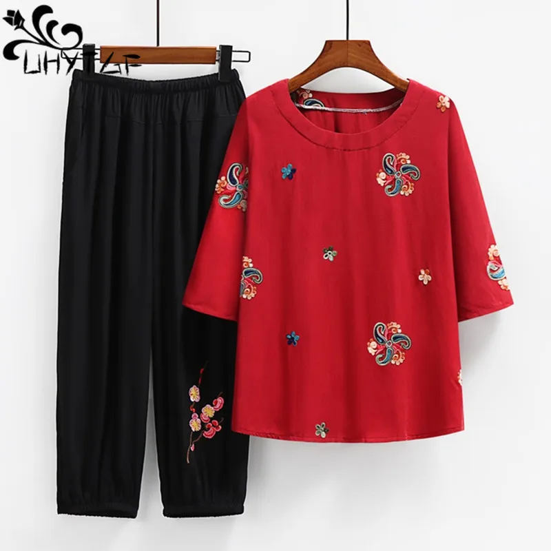 UHYTGF Mom Summer Suit Embroidered Short Sleeve T-Shirt Top + Pants Women\'s Tracksuit Casual Thin 6XL Big Size Two Piece Set 46