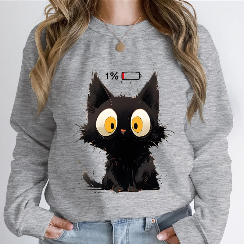 Power Cat Graphic Sweatshirts Women Sad Cats Shed Tears Print Funny Sweatshirt Hoodie Kawaii Animal Lover Casual Hooded Shirts