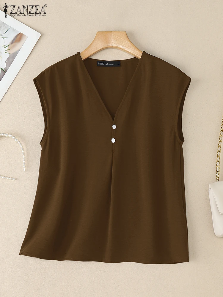 ZANZEA قطع علوية كلاسيكية للسيدات صيفية كاميس مثيرة بدون أكمام بلون سادة تي شيرت موضة 2025 بلوزات فضفاضة غير رسمية على شكل حرف v