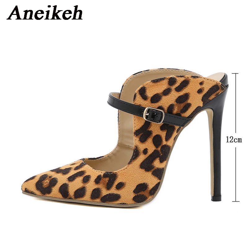 Aneikeh 2024 Spring Leopard Print New Stiletto Shoes Mules Pumps Heels Sexy Ladies Fashion High Heeled Nightclub Shoes 35-42