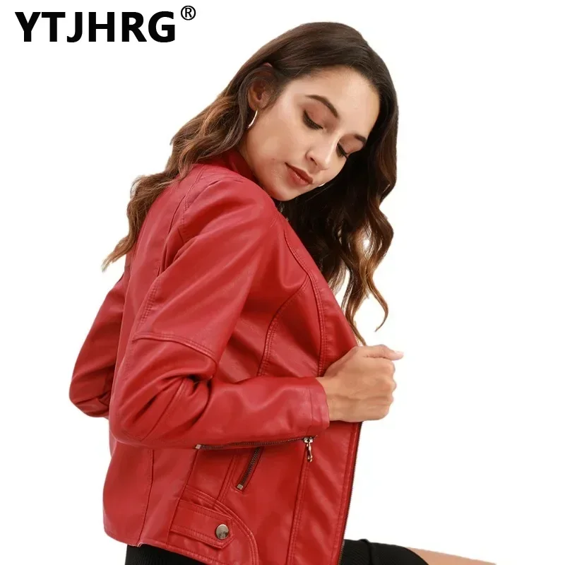 YTJHRG Women\'s Jackets Female Clothing Coats Leather Ladies Autumn Winter Long Sleeve Stand Collar PU Ride Tops Zipper 2024 New