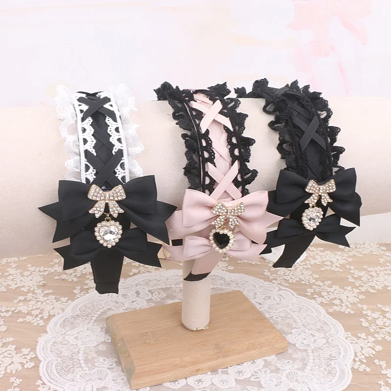 

Handmade Japanese Headband Bow Rhinestone Love Pendant Lace Edge String Lolita Hairbows Sweet Kawaii Girls Headband Accessories