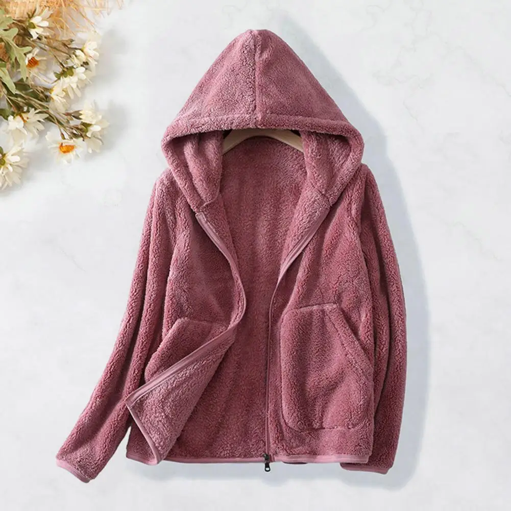 Women Coat Autumn Winter Warm Polar Fleece Jacket Hooded coat Thickened Long Sleeve Zipper Placket Pockets Sweatshirt Coat