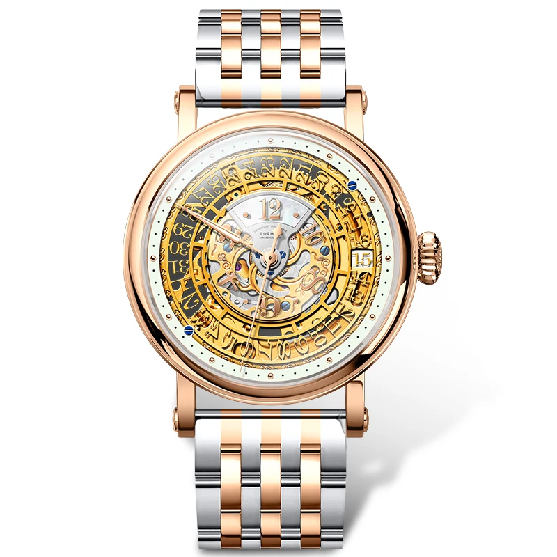 BORMAN Classic Skeleton Dial Automatic Mechanical Men Watch Brown Genuine Leather Band Sapphire Glass Waterproof 50M Men Watches