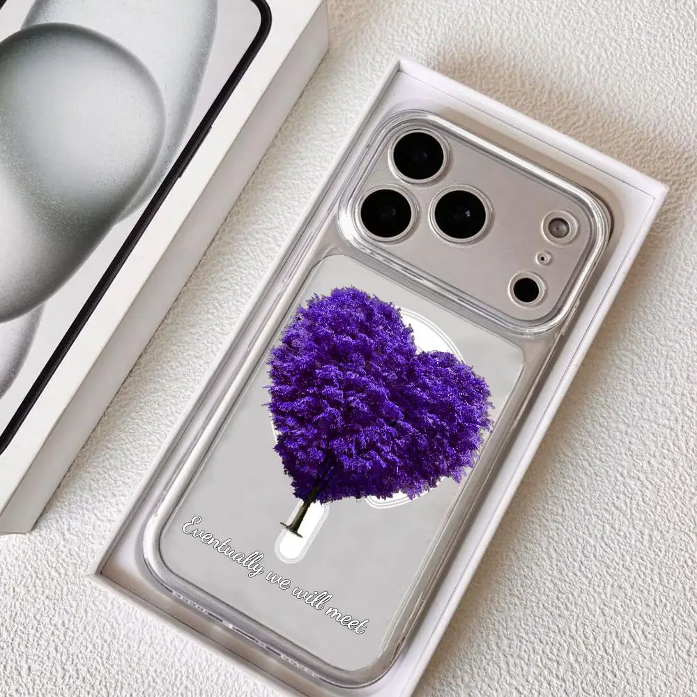 Purple Heart Shaped Tree Phone Case For IPhone18 17 16 15 14 13 12 Pro Max Plus Magnetic Crystal Clear Case Wireless Charge view 4