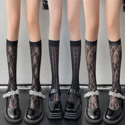Sexy Hollow Mesh Fishnet Stockings Japanese Lace Flower Print Calf Stockings Womens Thin Transparent Lolita Kawaii Calf Socks