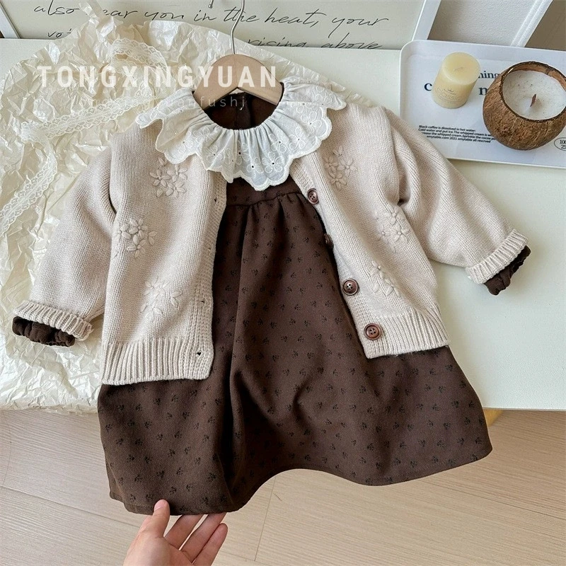 Girls Set Autumn Winter New Baby Girls Elegant Knitted Cardigan Long Sleeve Dress Two Piece Set Trendy