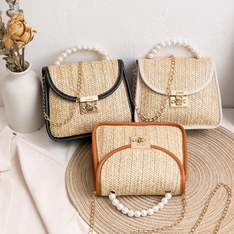 Women's Shoulder Bag Cross Shoulder Fashion Straw Woven Pearl Beach Summer Versatile Chain Wallet Phone Bag Women's Handbag New