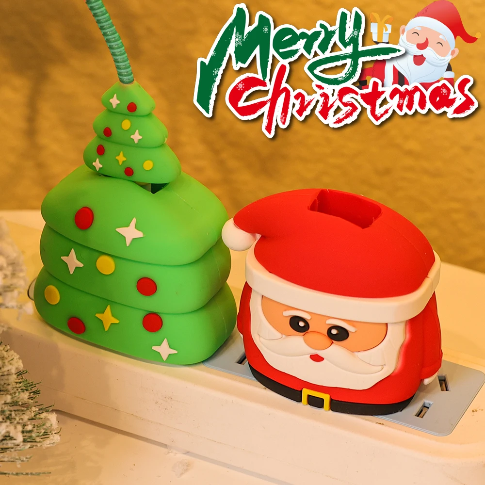 Christmas Cartoon Santa Tree Charger Protector Sleeve for Apple 18/20W Power Adapter Silicone Case Anti-break Spiral Cable Saver