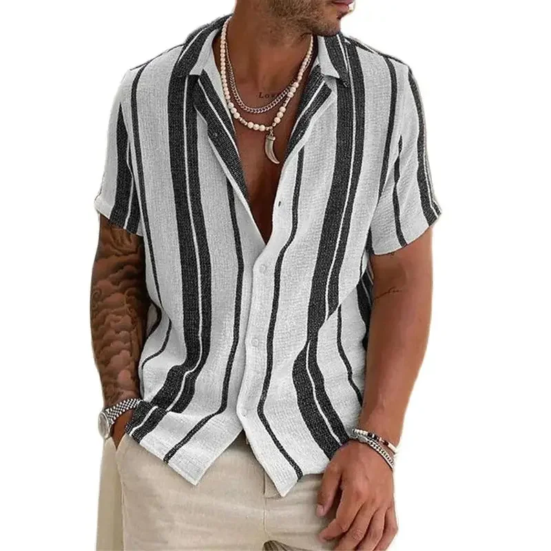 2024 Summer Beach Vintage Striped Print Shirts Men Casual Loose Short Sleeve Button Lapel Mens Shirt Oversize Fashion Shirt Tops