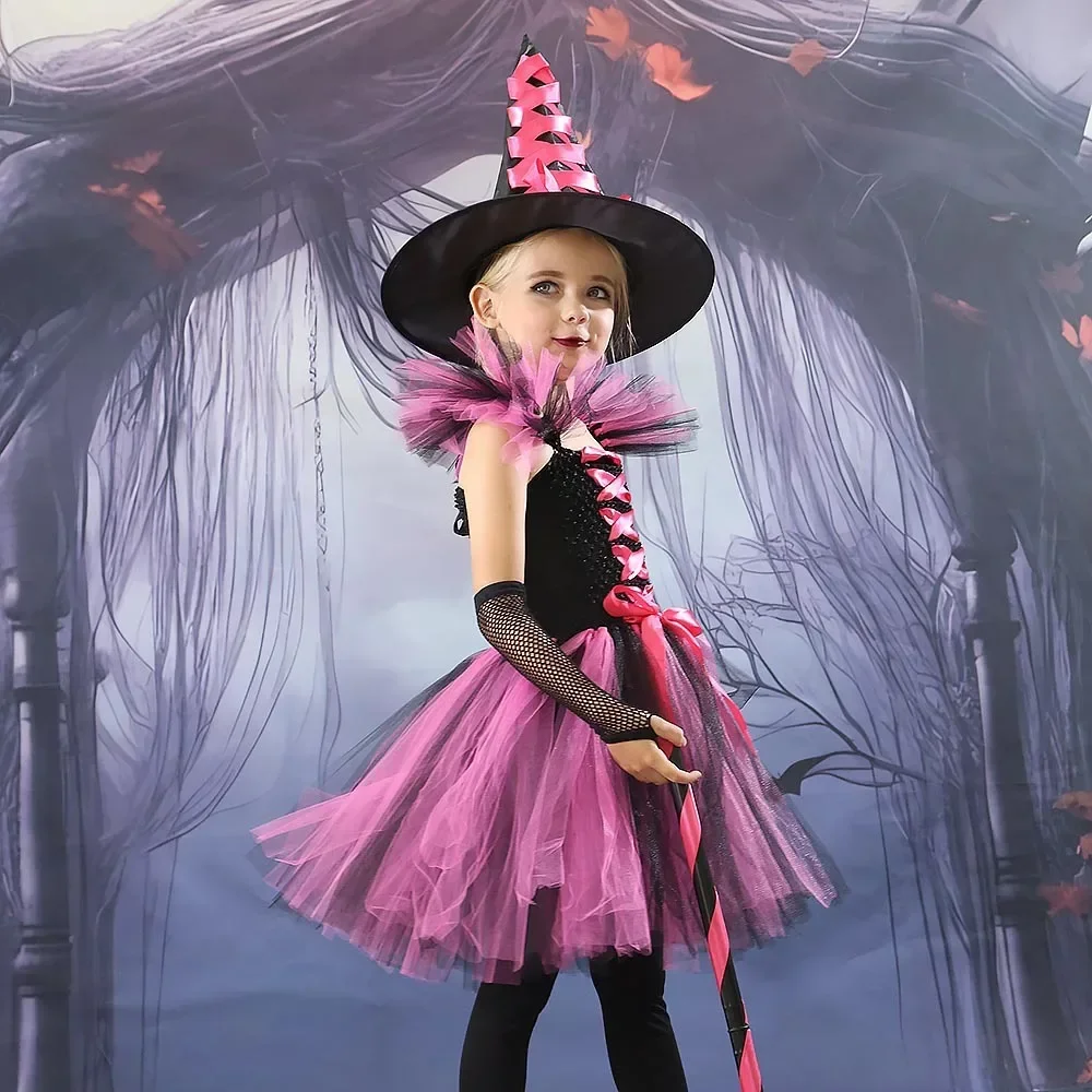 Kids Girls Witch Cosplay Costume 3 Color Tutu Tulle Dress with Pointed Witch Hat Halloween Theme Party Costume Holiday Gift