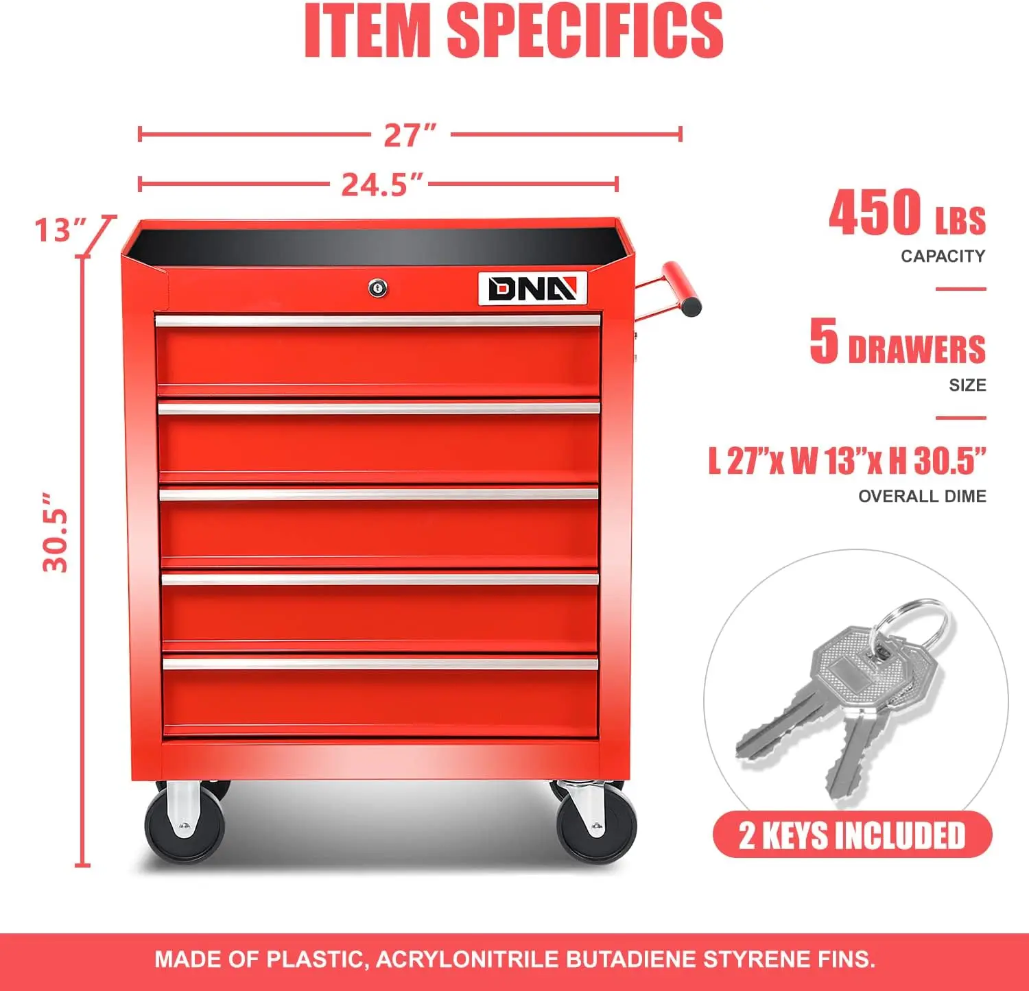 DNA MOTORING TOOLS-00263 5-Drawer Plastic Top Rolling Tool Cabinet with Keyed Locking System,13