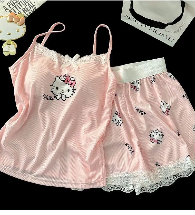 

2Pcs Sanrio Kawaii Pajamas Hello Kittys Girl Summer Cute Suit Suspender Fashion Sweet Comfortable Breathable Girl High End Gifts