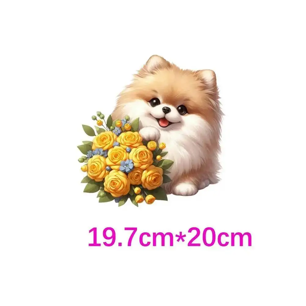 20cm Cartoon Rose Flower Dogs Pomeranian Iron On Heat Transfer Sticker For Clothes Pinted Vinyl Thermal Washable T-Shirt Decal