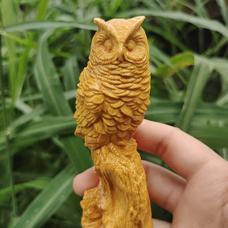 Wooden Carved Owl Figurine with Closed Eyes, Finely Textured Feathers, Standing on a Tree Stump, Handmade Wood Carving, Zen-Inspired Desktop Decoration, Christmas Birthday Gift