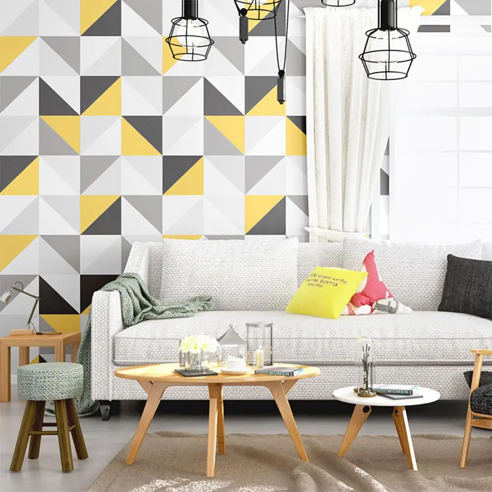 Modern Geometric Triangle Wallpaper Yellow Grey Black Non Self Adhesive Wall Paper Roll Mural for Living Room Bedroom Decoration