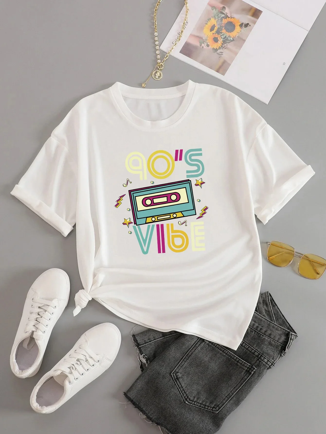 Fashion Summer T Shirt Casual 90's Vibe Print Crew Neck T-shirt, Loose Short Sleeve Fashion Summer T-Shirts Women's Clothing