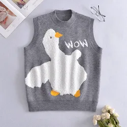 Knitted Vest Sweater Men Women Spring Duck Pattern Sleeveless Casual Fashion Knit Waistcoat Retro Street Loose Cotton Pullovers