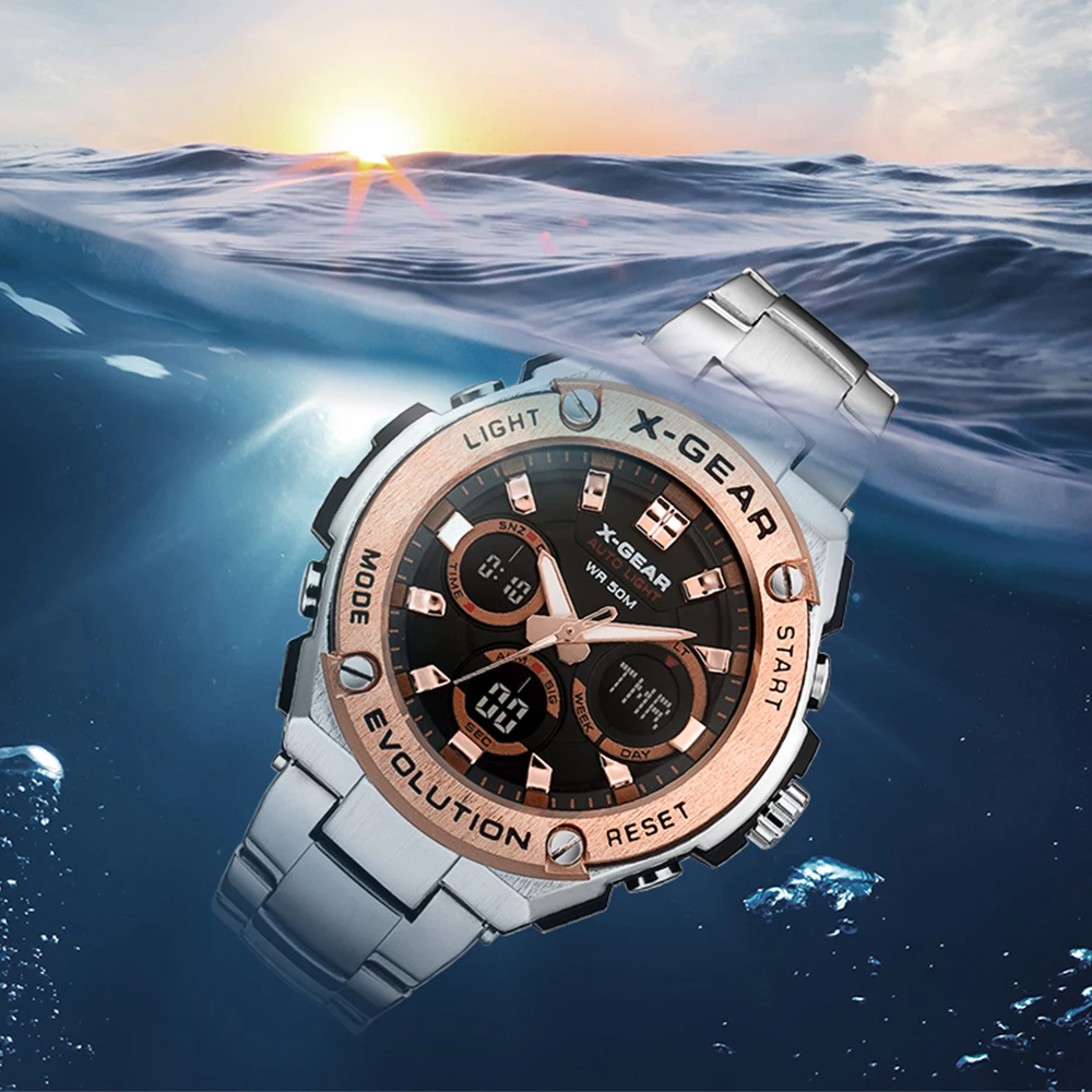 Montre-bracelet multifonctionnelle de sport pour homme avec bracelet en acier inoxydable, étanche, lumière LED nocturne, chronomètre, calendrier