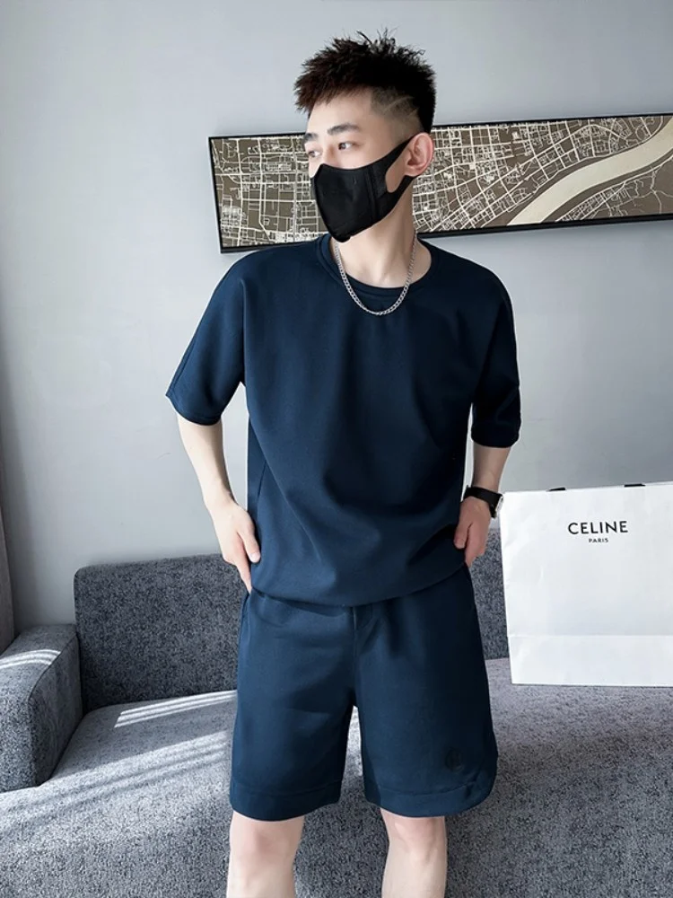 

Casual Men's ort Sve T-irt Set Heavyweight f Sve Trendy Two-Piece Summer Breathable Loose Fit round Ne Tee