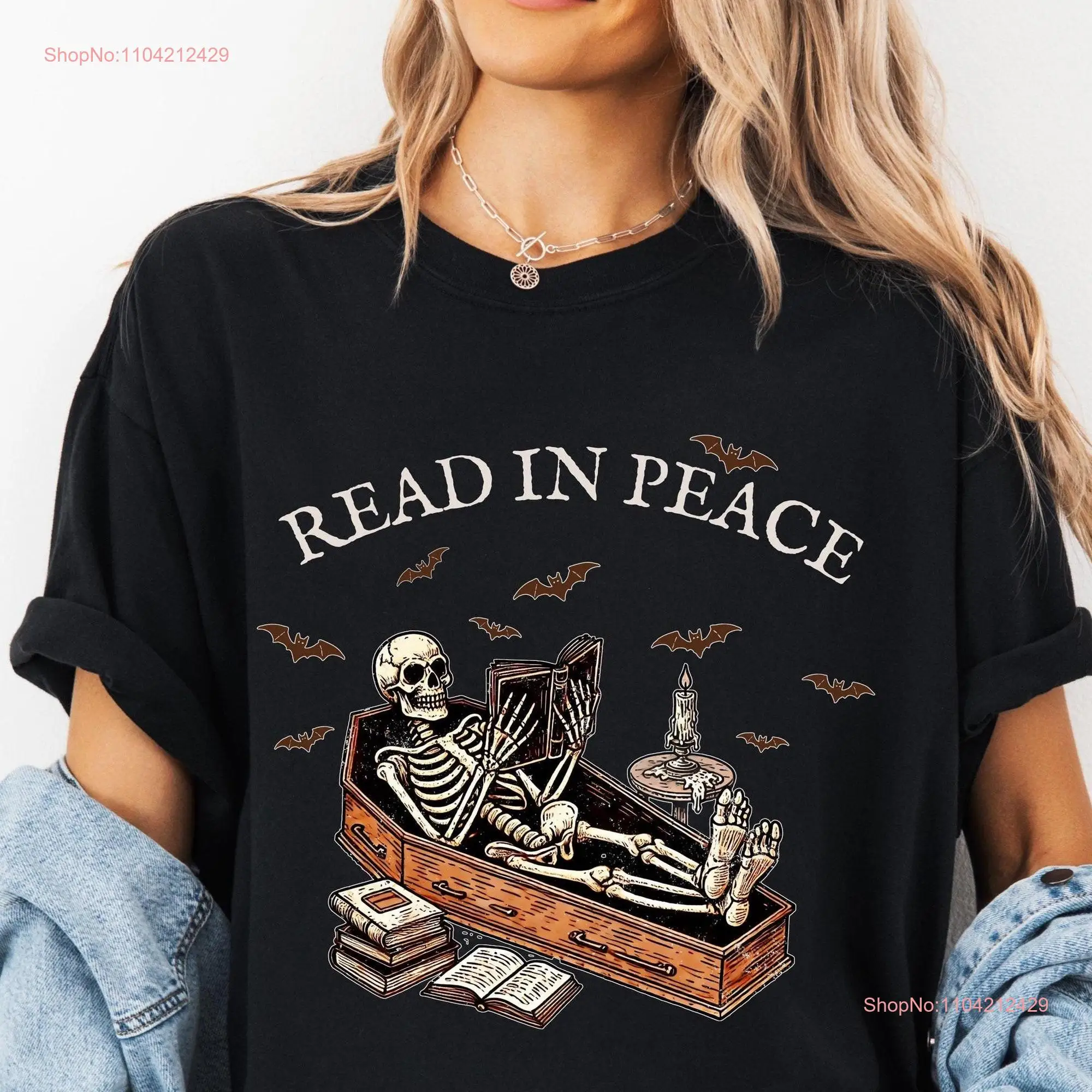 Read in Peace shirt Skeleton Book T Reading Lover Halloween tee Bookish long or short sleeves