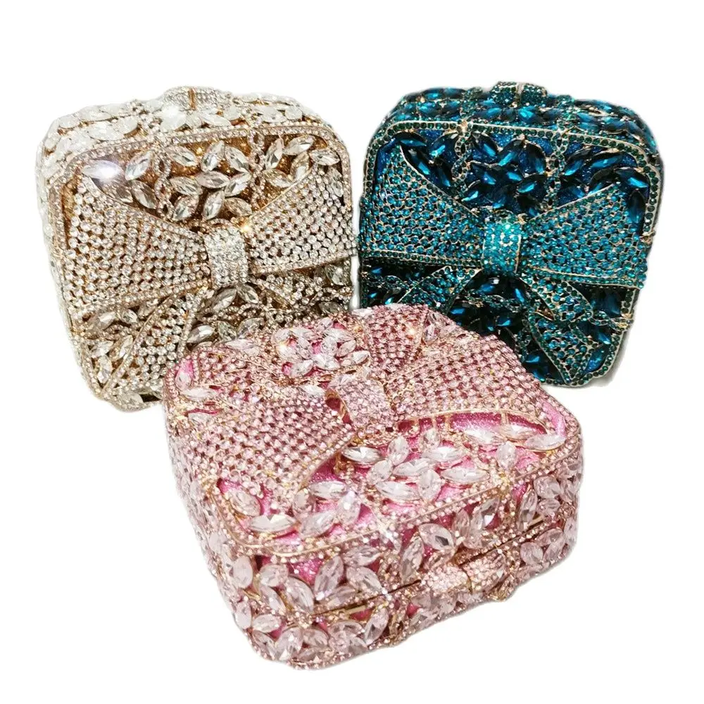 

Chaliwini Eeveing Bag Bow Crystal Clutches Square Rhinestone Evening Bag Party Prom Handbags Luxury Women Wedding Bridal Purses