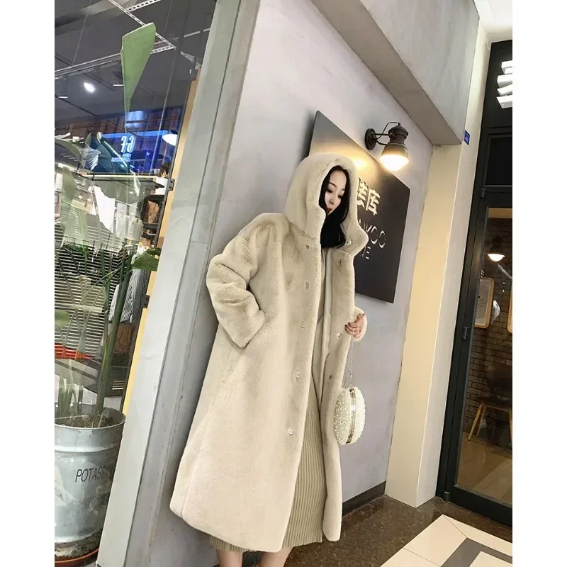 Cappotto lungo in pelliccia sintetica spessa calda di lusso chic giacca in pelliccia con cappuccio abbigliamento invernale da donna cardigan a maniche lunghe streetwear di alta qualità