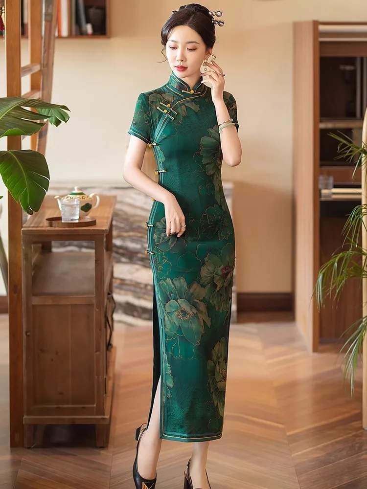 

Новое китайское шелковое платье в стиле ретро для повседневной носки, элегантное, высококачественное, с коротким рукавом, для молодых женщин.