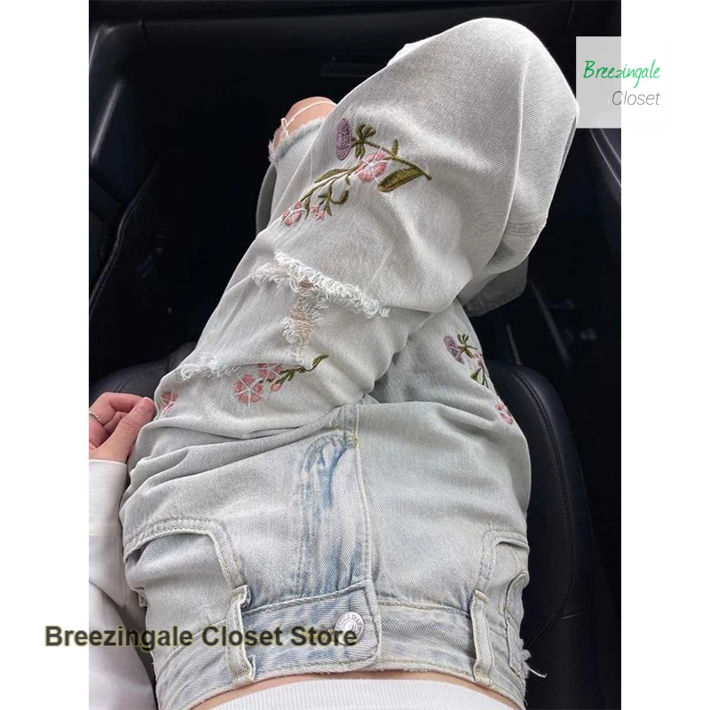 

Новые джинсы с широкими штанинами и дырками в китайском стиле с цветочной вышивкой, женские летние прямые брюки с высокой талией, свободные брюки для мытья полов