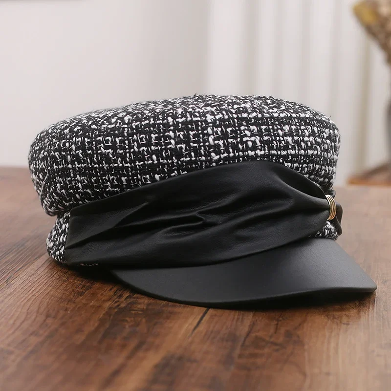 USPOP Brand Design New Women Fashion Tweed Newsboy Caps Autumn Winter Retro Woolen Patchwork Warm Caps with PU Bow