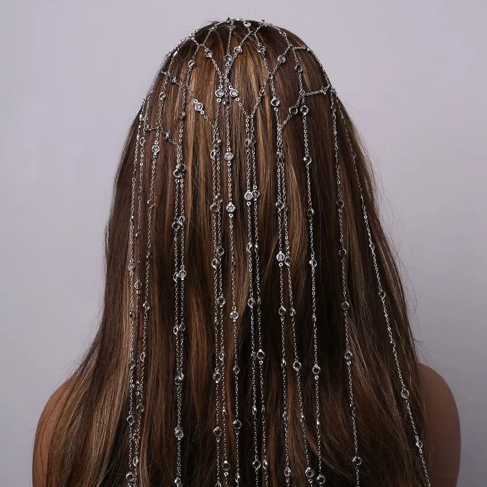 

Дизайнерская цепочка для волос с сетчатым узором, круглыми стразами, металлическими кисточками, блестящая повязка на голову с длинными кисточками-бахромой