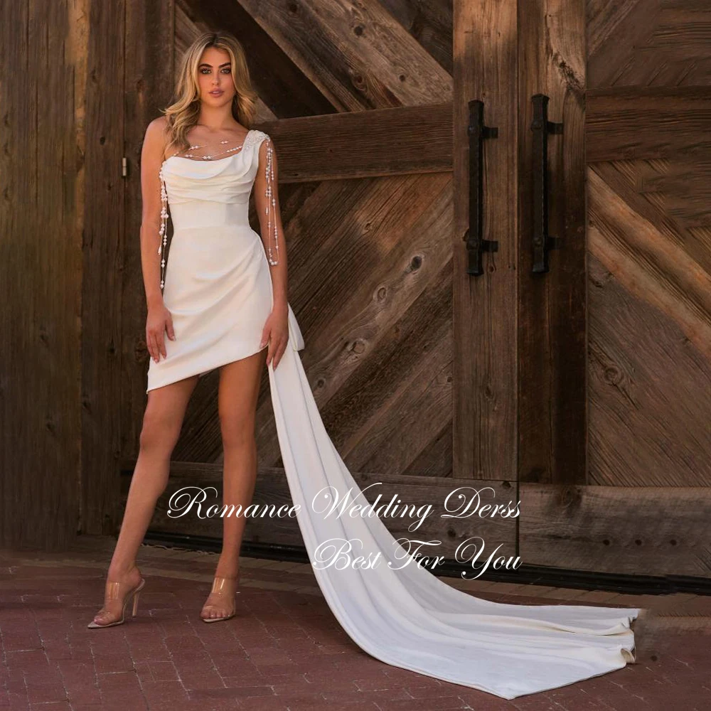 

Elegant Pleat Short Sheath Wedding Dress Women Strapless Open Back Pearls One Shoulder Above-Knee Vestidos De Novia Customized