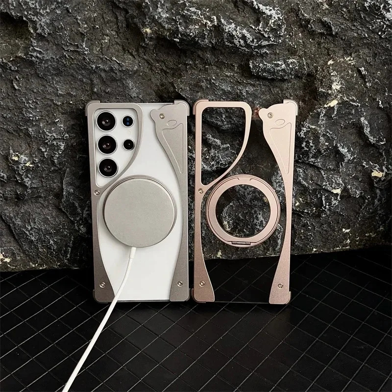 

Luxury Metal Transparent Magnetic Bracket Phone Case For Samsung Galaxy S25 S24 S23 Ultra borderless Protection Cover