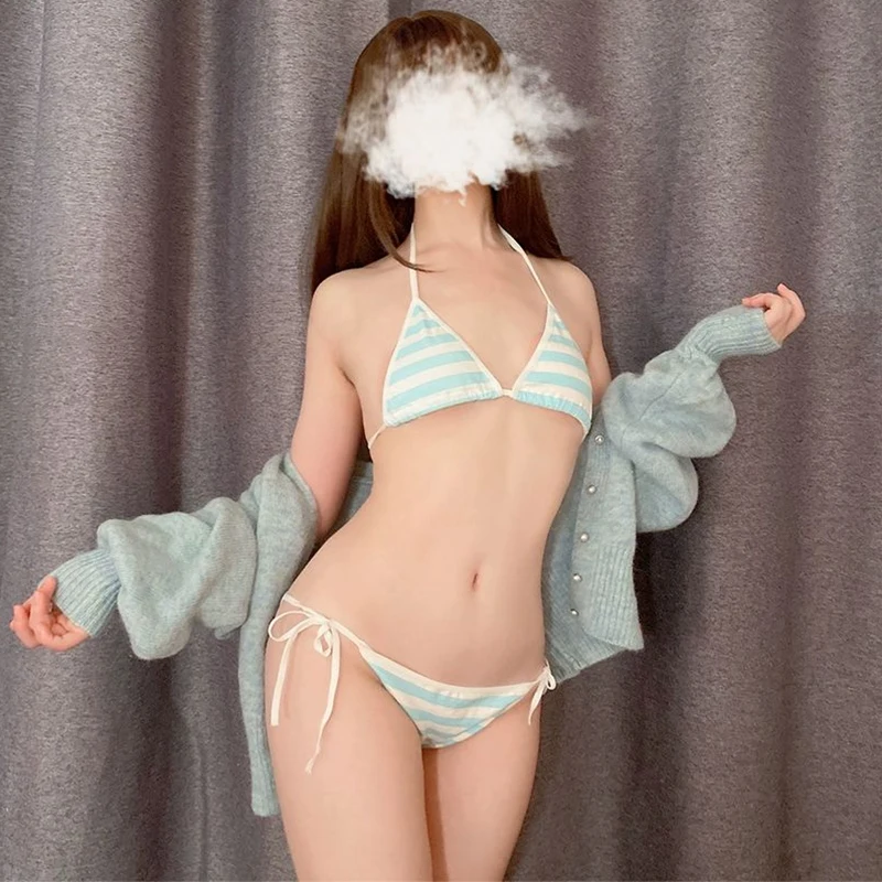 

Japan Sexy Lingerie Lolita Kawaii Pink Blue White Striped Mini Bikini Adult Cosplay Women Bra Underwear Set Frenum Swimsuit