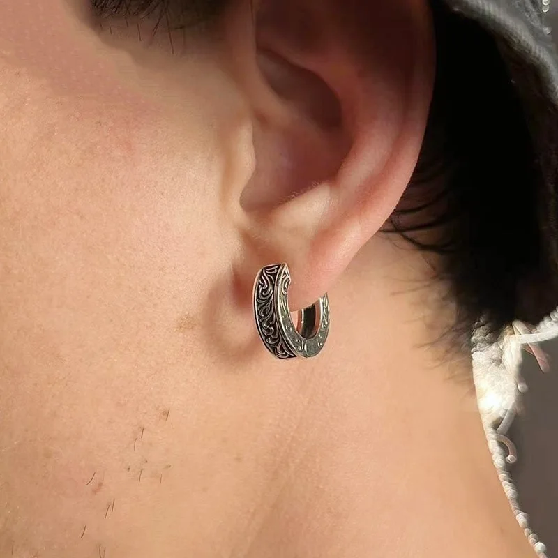 XIYANIKE Classic Punk Vintage Pattern Engraved Gothic Ear Rounds Hoop Earrings For Men Women Fashion New Jewelry Gift Party Rock