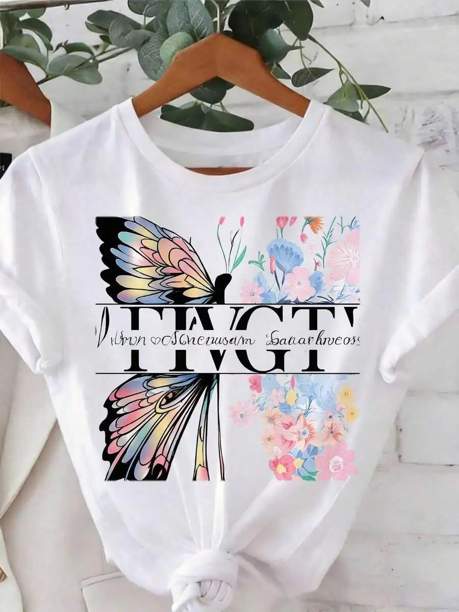 Women Summer Cute Casual Tops 1Pc Crew Neck Short‑Sleeve Knot Hem Crop Top Pastel Colorful Butterfly Wings Floral Graphic Print Tees