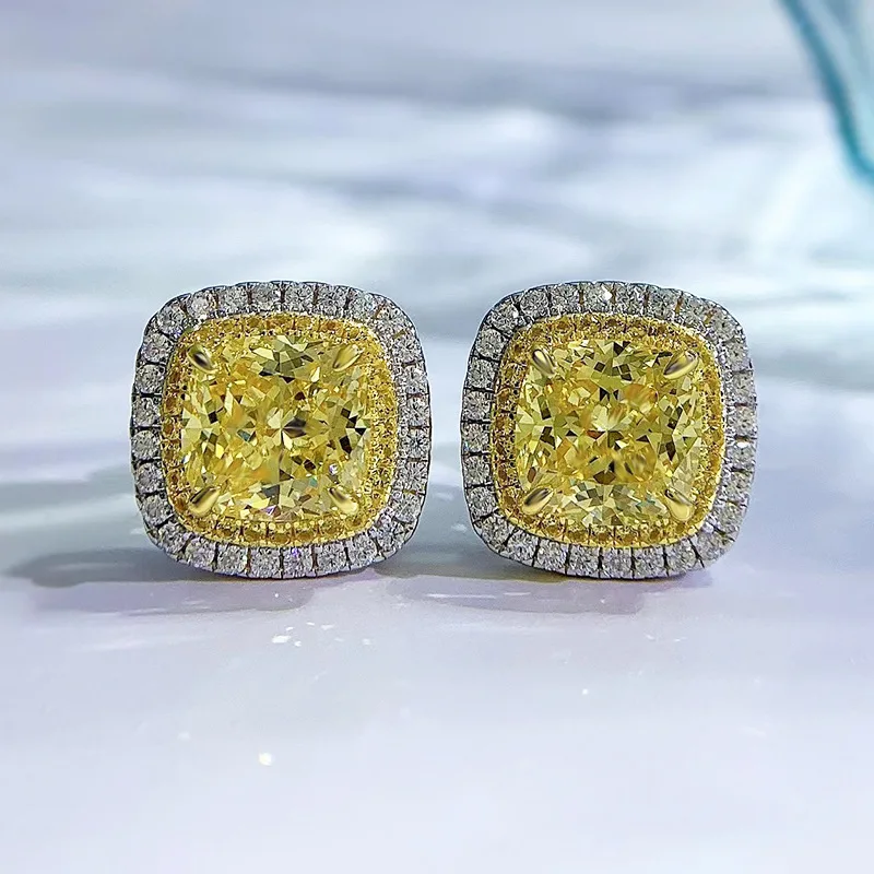 925 Silver 8 * 8 Fat Square Yellow Diamond High Carbon Diamond S925 Silver Ear Dings European and American Cross border Platinum