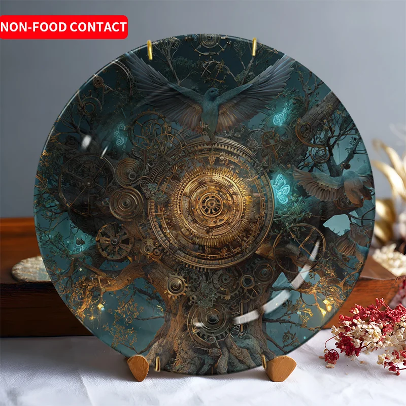 2D Flat, 2D Flat Nordic Style Ceramic Decorative Plate with Tree Pattern, 1pc, Wall Art Hanging Plate, Suitable for Living Room