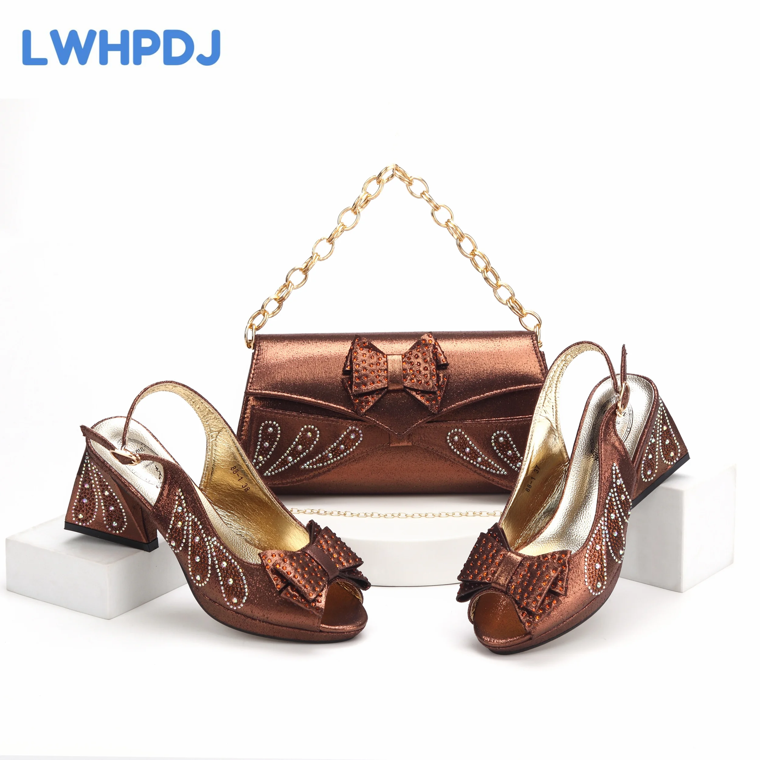 2024 New Popular Square Heels Women Water Drill with Butterfly Design in Coffee Color For Women Wedding Party