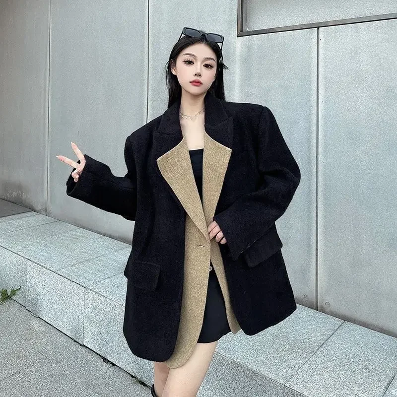 Insozkdg 2024 Autumn Women Trendy Black Thick Woolen Suit Jacket with Color-Block High-End Feel Loose Wool Coat Casual Blazer