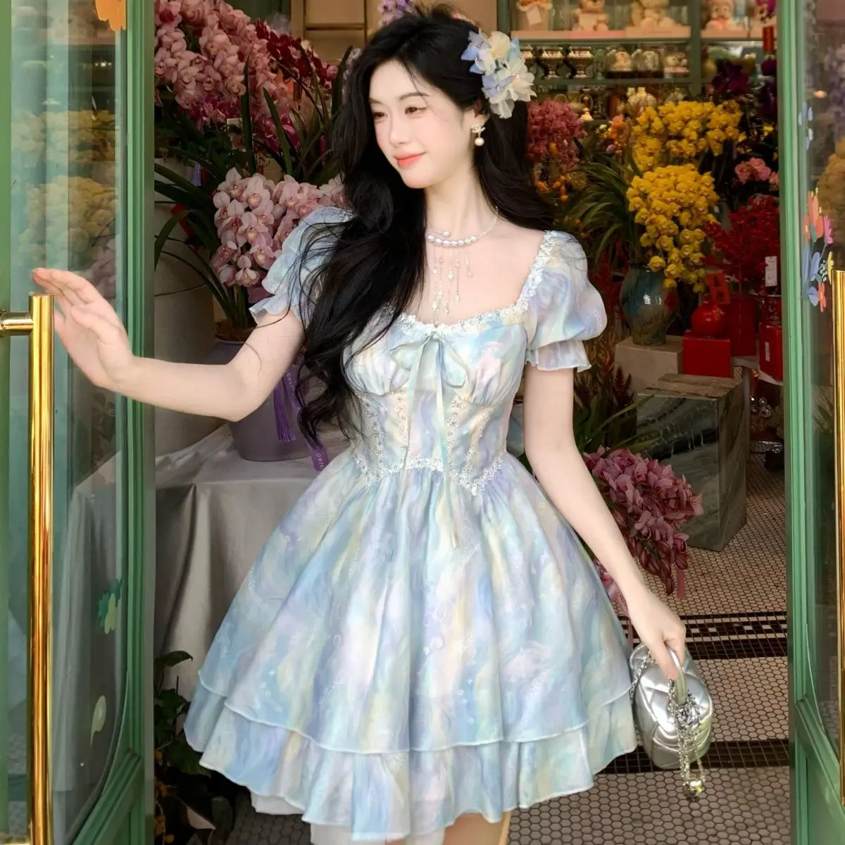 

SOIOMES Gentle Temperament, High-end Water Wave Blue Fluffy Dress for Spring and Summer
