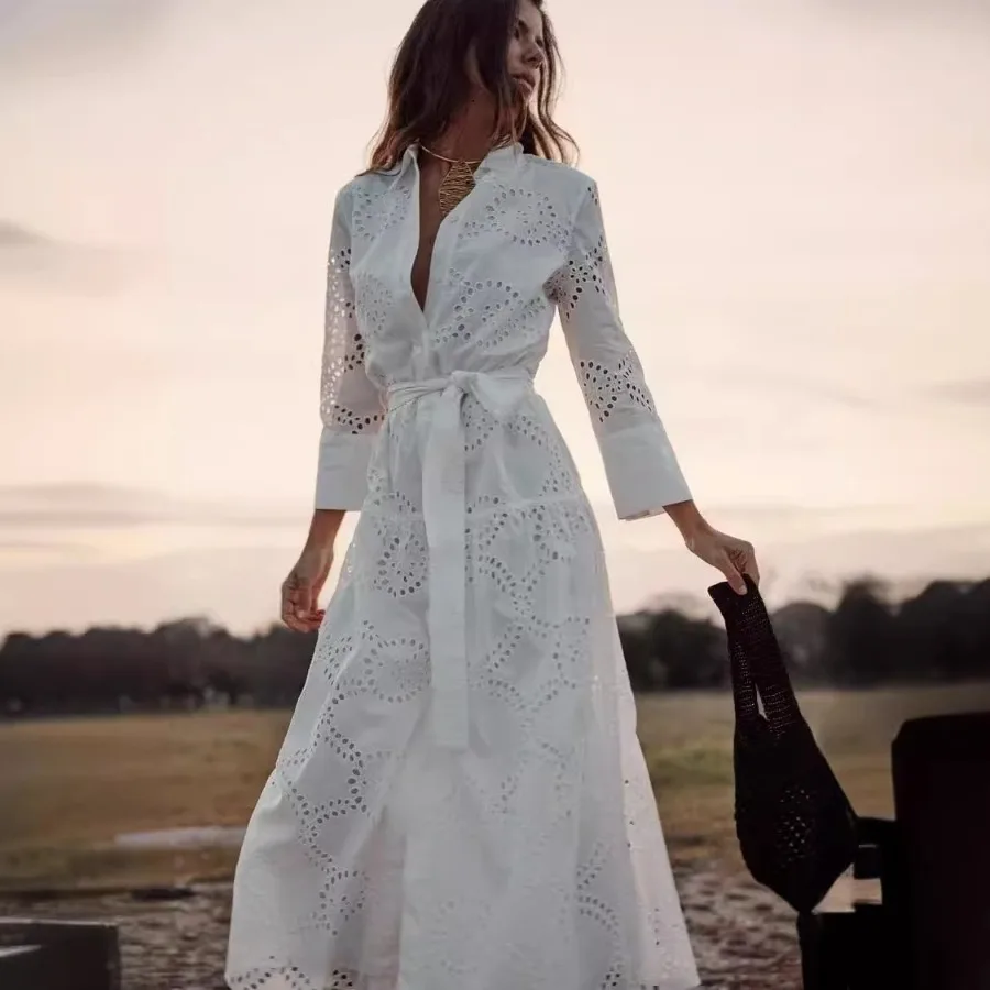 

【New style】 source new autumn shirt-style long dress hollowed-out embroidery Midi dress