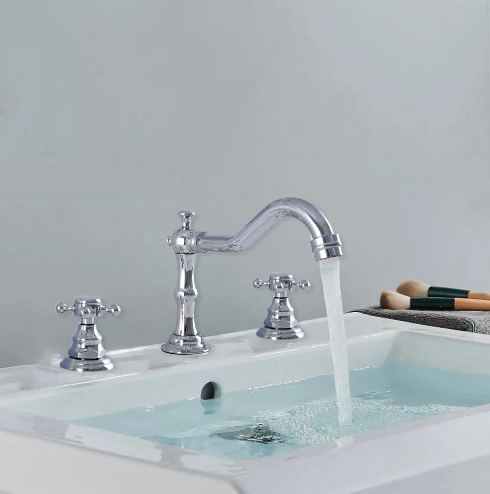Polished Chrome Brass Deck Mounted Dual Handles Widespread Bathroom 3 Holes Basin Faucet Mixer Water Taps mnf530