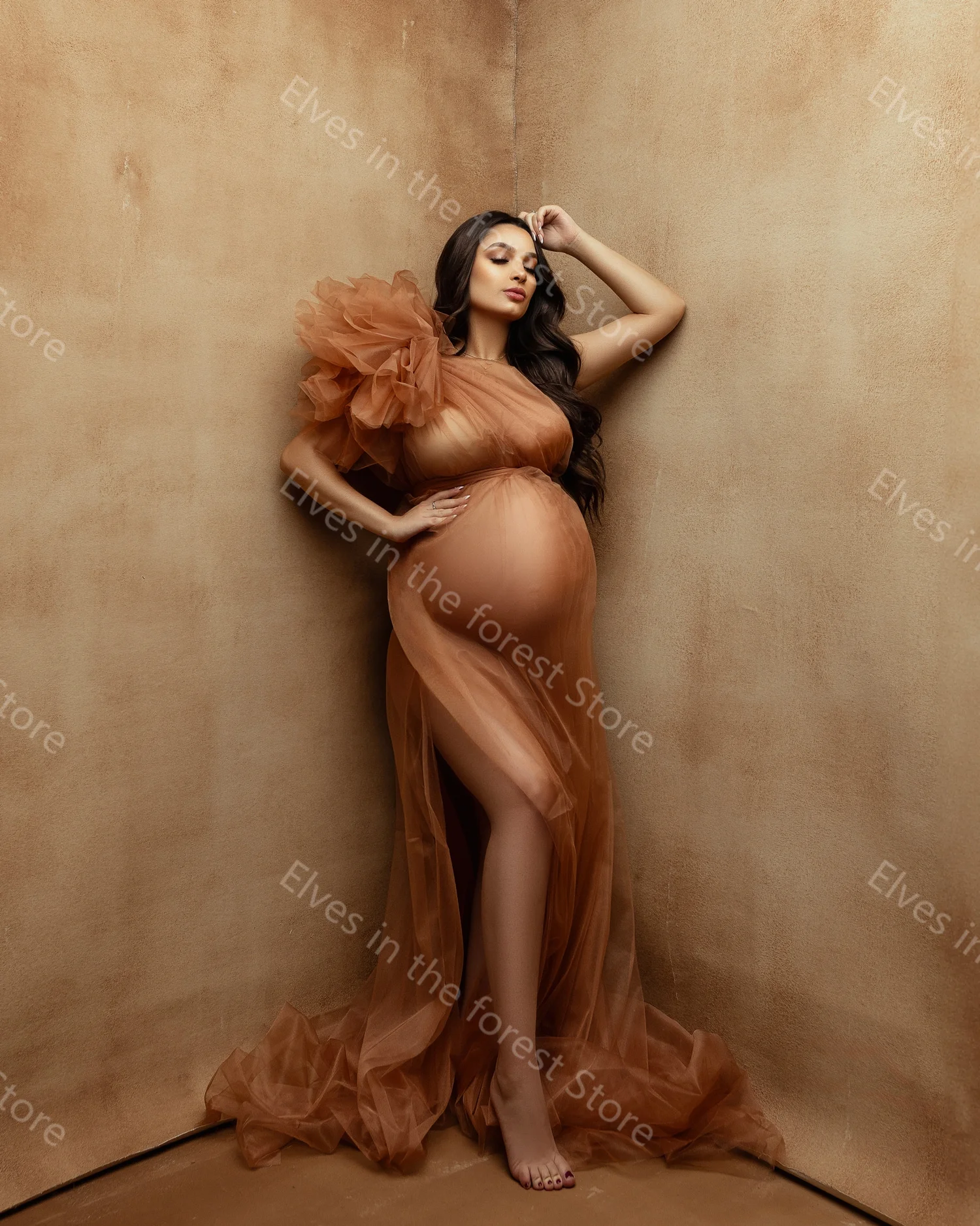 Sexy Brown Evening Dresses for Pregnant Women One Shoulder Maternity Photoshoot Robes See Thru Floor Length Baby Shower Gowns