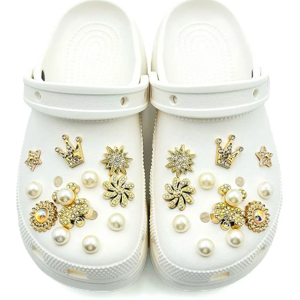

22 шт., набор подвесок для обуви, аксессуары для сандалий, сабо, пряжка для обуви, Золотая корона медведя, бриллиант, цветок, жемчуг, украшения для обуви «сделай сам», подарок