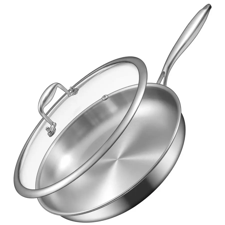 

12-дюймовая сковорода из нержавеющей стали с тройным дном, совместимая со всеми типами плит до 600°F, большая сковорода с крышкой, подходит для индукционных плит.